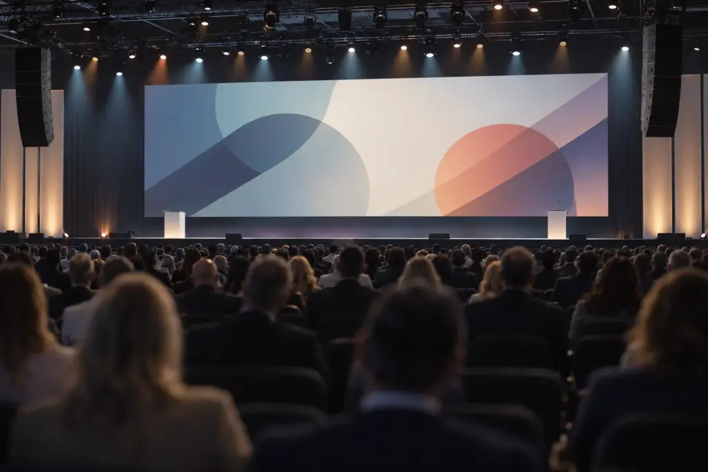 Illustration: Delegates in a plenary hall facing a stage screen with abstract graphics