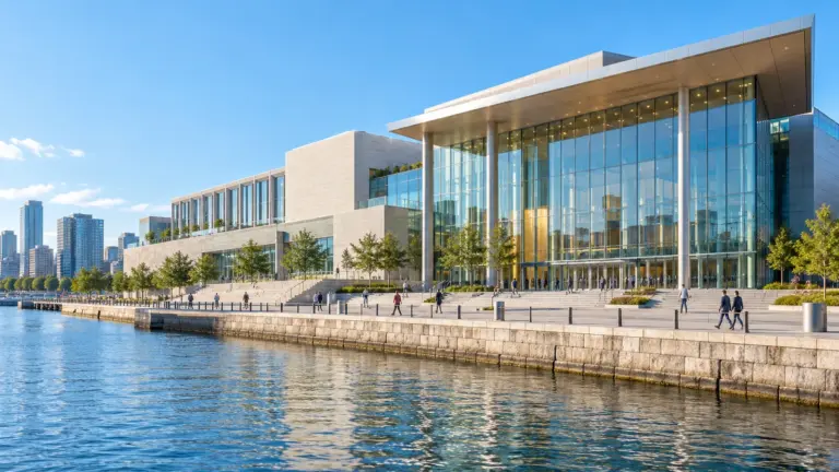 Illustration: A modern convention centre on a city waterfront