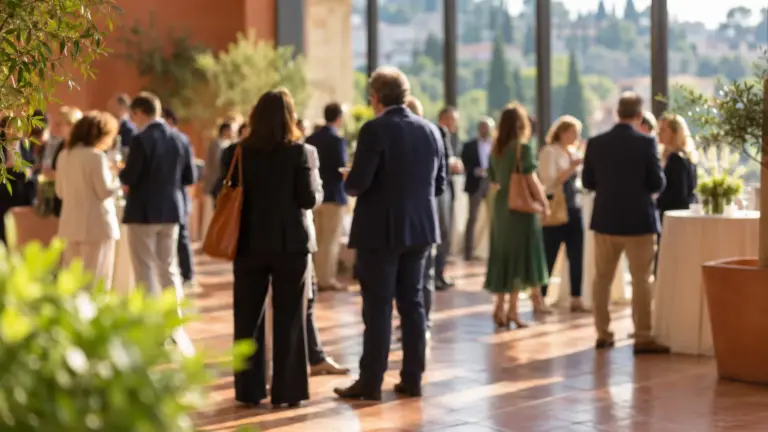Illustration: Delegates networking in a sunlit foyer