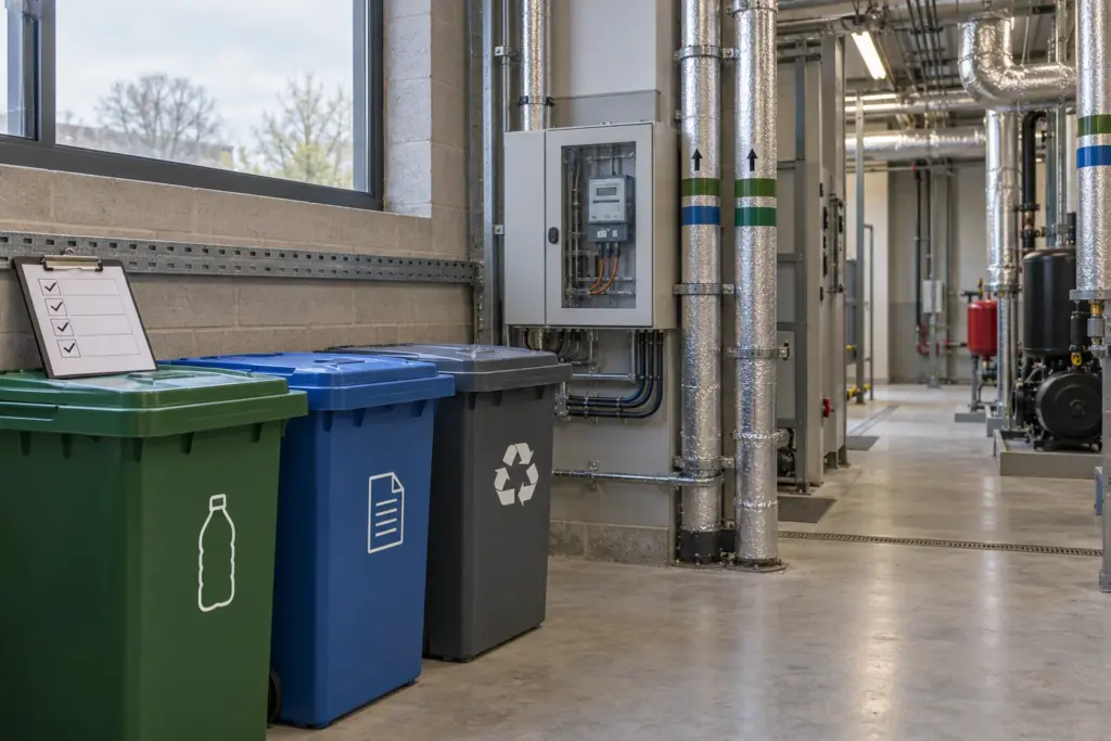 Illustration: Colour-coded recycling bins and an energy meter in a venue plant room