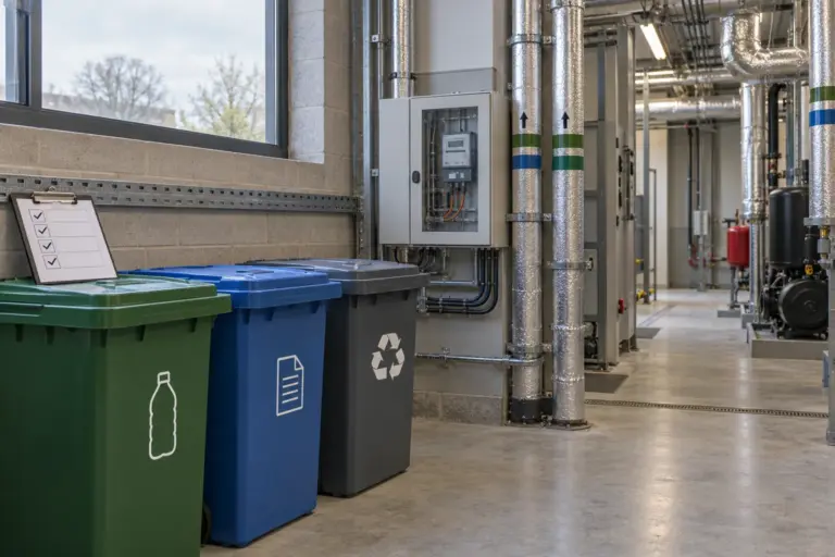 Illustration: Colour-coded recycling bins and an energy meter in a venue plant room