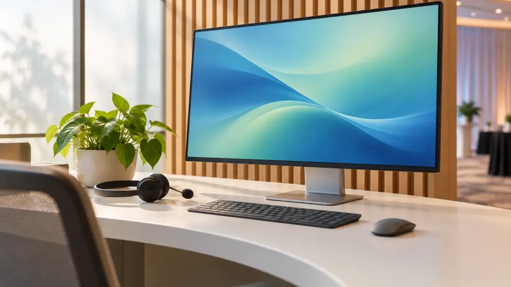 Illustration: A technical operations desk with a monitor and headset