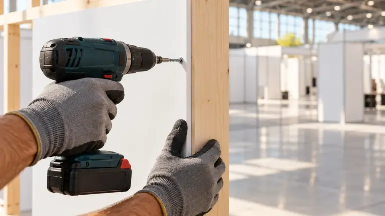 Illustration: Gloved hands fixing a panel to an exhibition stand frame