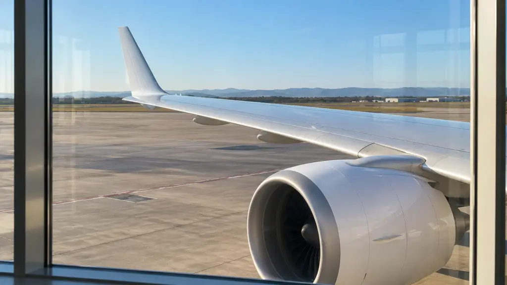 Illustration: An aircraft wing seen through a terminal window