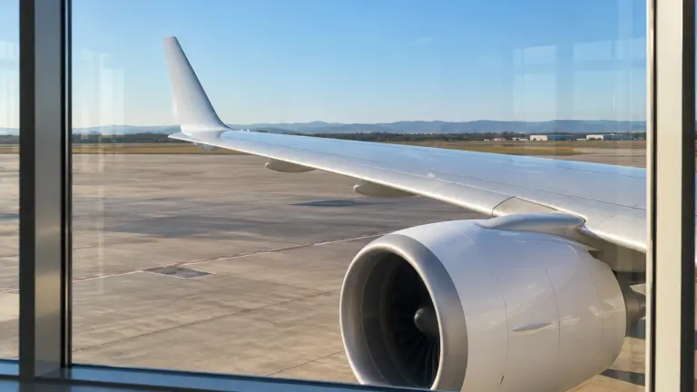 Illustration: An aircraft wing seen through a terminal window