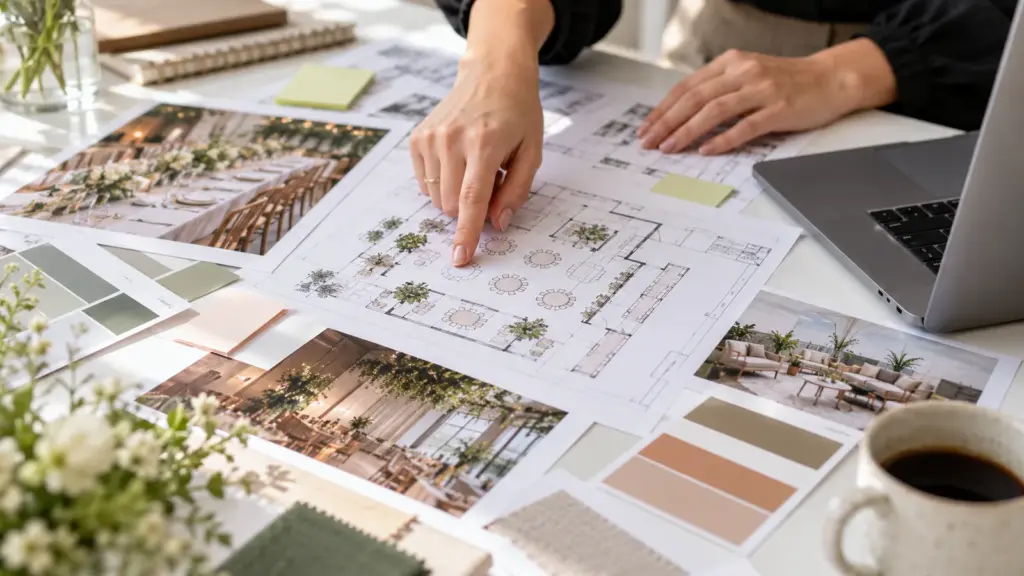 Illustration: Event proposals and floor plans on a desk