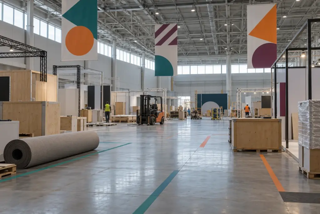Illustration: An exhibition hall during build-up with a forklift and part-built stands