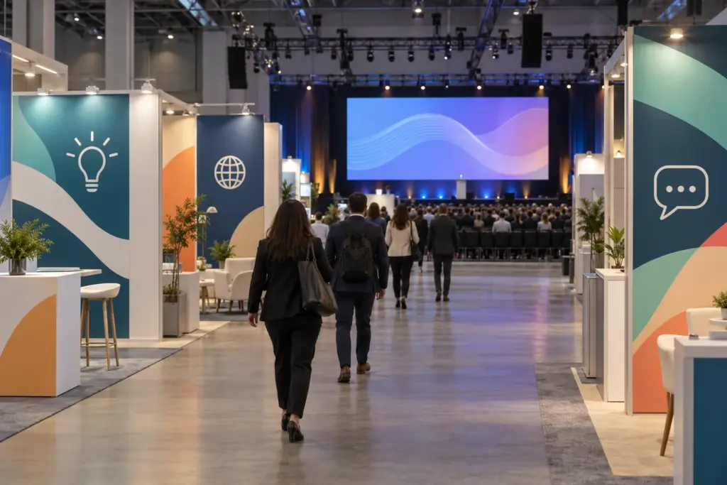 Illustration: Exhibition stands in front of a plenary seating block and stage