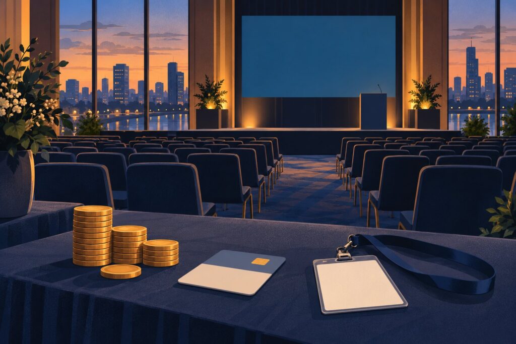 Illustration of an empty conference room at dusk, with stacks of coins, a card and a delegate badge on the registration table