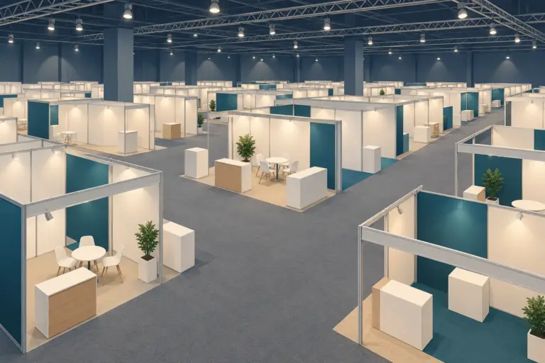 Illustration: an empty exhibition hall with rows of blank, unbranded modular stands under overhead lighting
