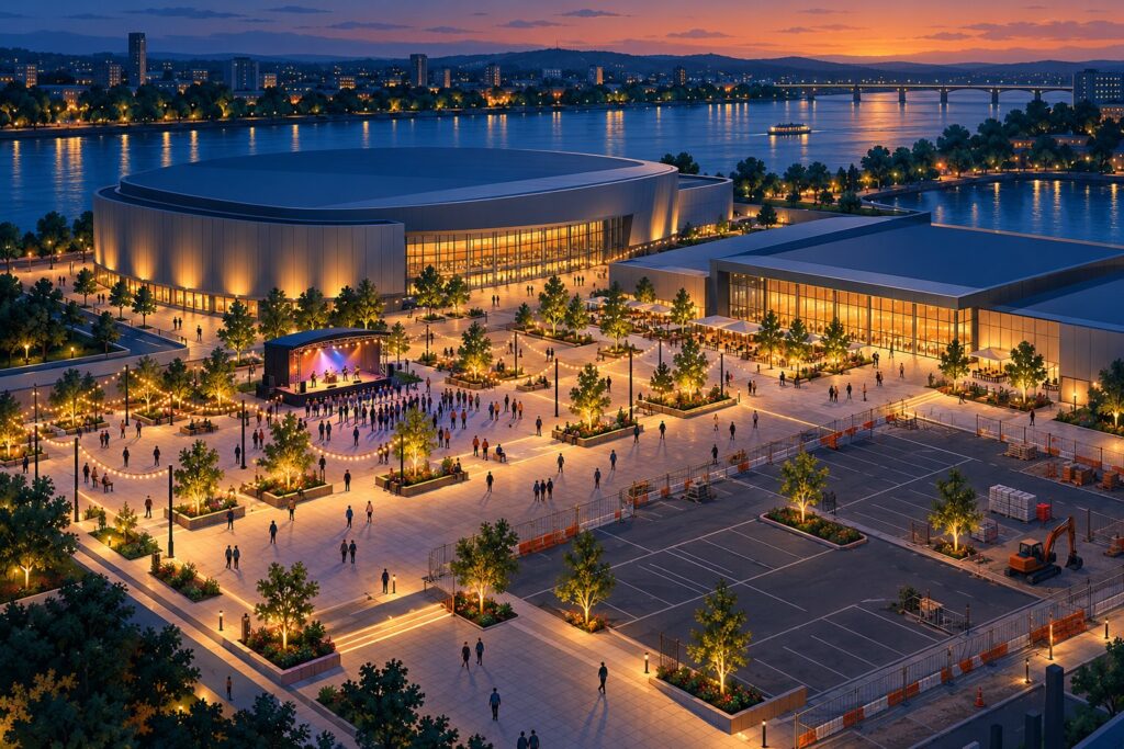 Illustration of a riverside arena and exhibition hall at dusk, with a new outdoor plaza being built on part of the car park
