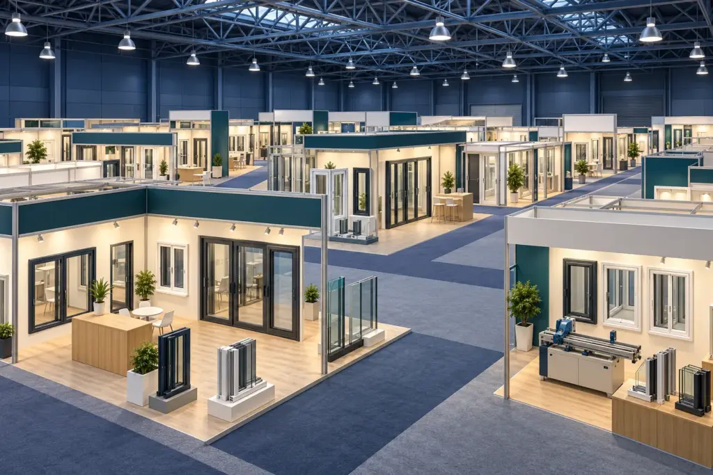 Illustration of an exhibition hall with window and door displays on trade stands