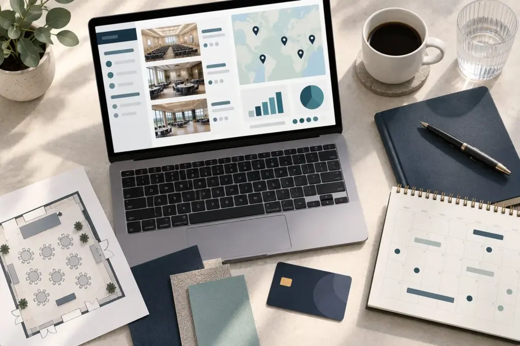 Illustration of a desk with a laptop showing a venue-sourcing dashboard, a printed floor plan and a calendar