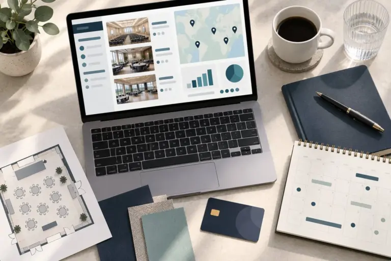 Illustration of a desk with a laptop showing a venue-sourcing dashboard, a printed floor plan and a calendar