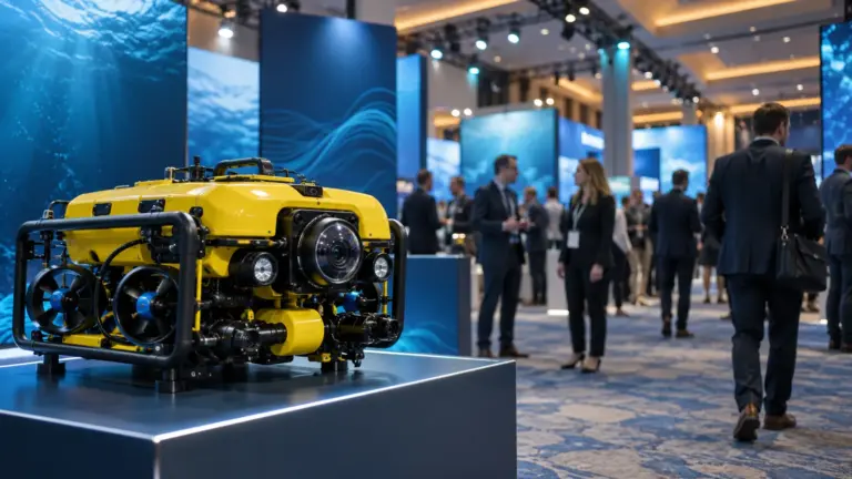 Illustration: An underwater robot on display at a conference exhibition stand, with delegates in the aisle behind