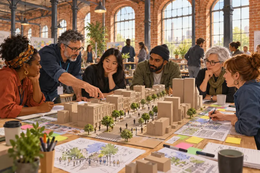 Illustration: Planners and community workers gathered around a cardboard street model in a converted mill