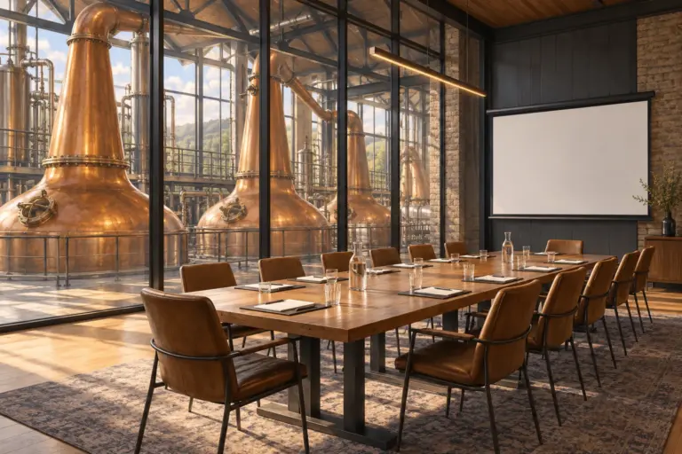 Illustration: an empty meeting table and presentation screen beside copper pot stills in a distillery still house