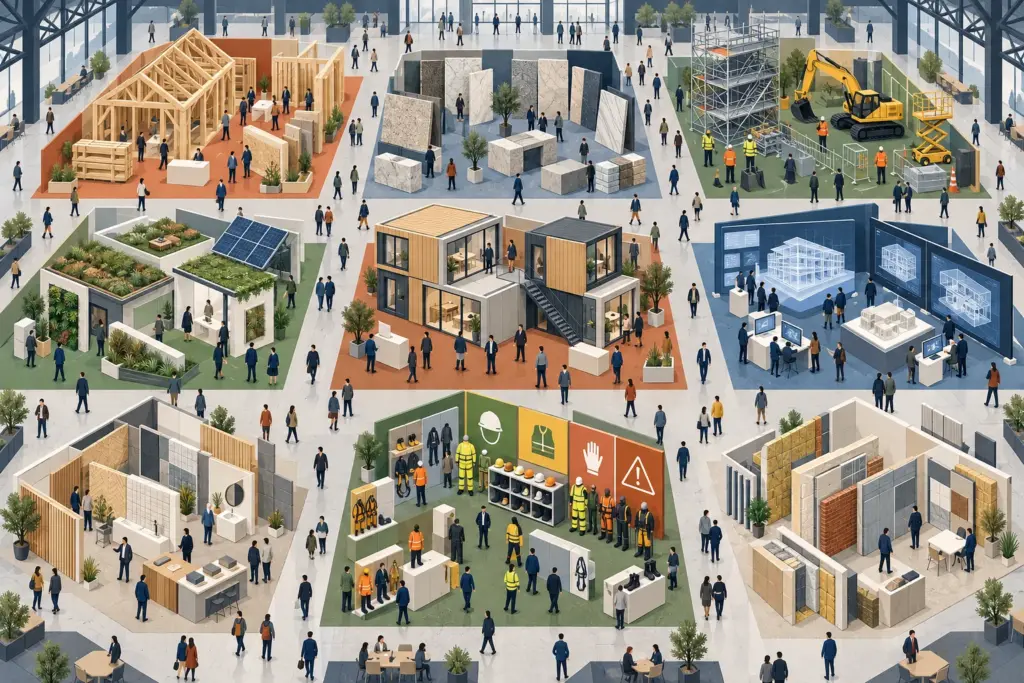 Illustration: a generic exhibition hall divided into nine colour-coded zones of construction stands, from timber and stone to plant hire, modular homes and safety equipment